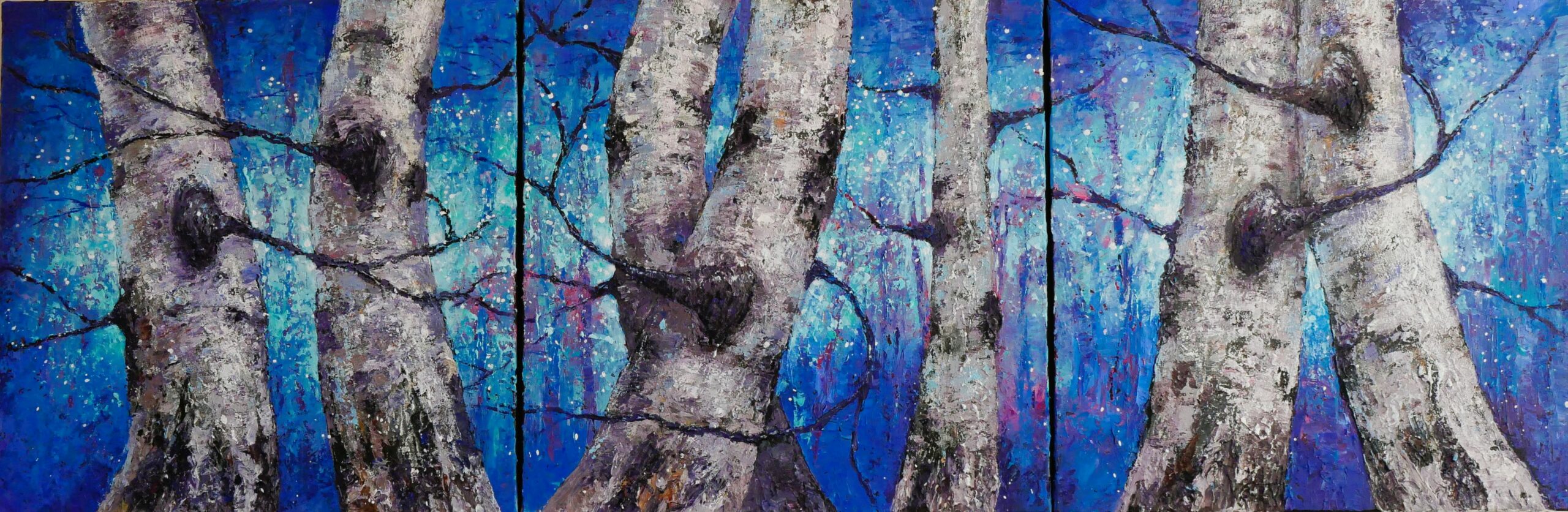 peinture-valse-bleue-bouleaux-triptyque-joss-blanchard-peintre.jpg Peinture Valse bleue, triptyque de bouleaux aux tonalités bleues, par Joss Blanchard peintre