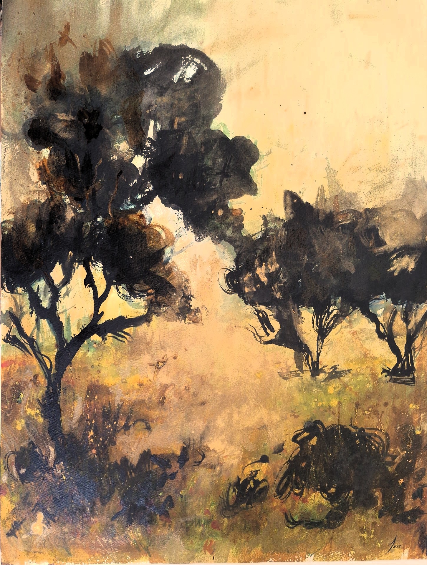 Arbres, peinture réalisée vers 1996 par Joss Blanchard, aquarelle et encre sur papier chiffon